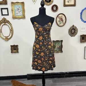 Sourpuss Gothic Halloween Spaghetti Strap Dress – XS – Pumpkin & Bat Print